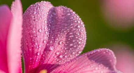 Fototapeta premium Pink Flower Petal Covered in Sparkling Water Droplets Against Green Backdrop