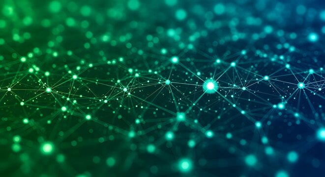 Abstract Digital Network Background with Glowing Connections and Bokeh Effect. Futuristic Technology and Data Mesh Concept.