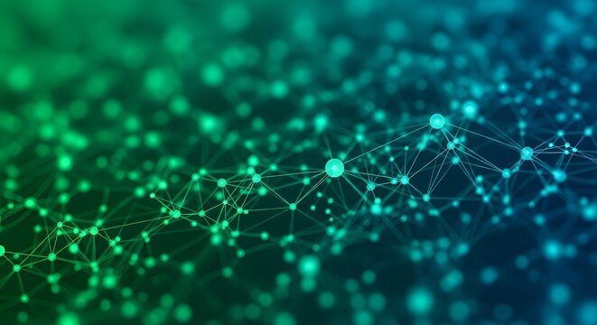 Abstract digital network background with interconnected dots and lines in green and blue gradient, symbolizing data, AI, and connectivity.