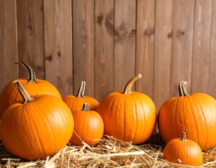 Pumpkins on Straw Bales Against Wooden Background for Fall.
