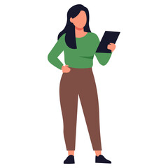 Illustration of a woman standing while holding a digital tablet