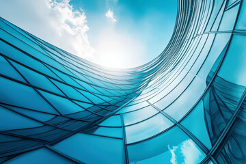 Modern glass building architecture with curved lines reflecting blue sky and sunlight, futuristic business background with innovation, corporate and technology design concept
