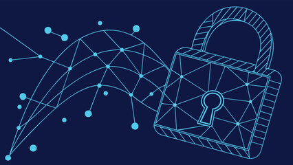 A modern, abstract depiction of cybersecurity featuring a padlock connected to a network, symbolizing data protection and digital security in the online world