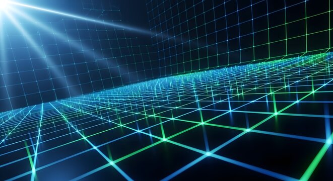 Futuristic glowing blue-green grid network with light rays. Abstract digital technology background concept.