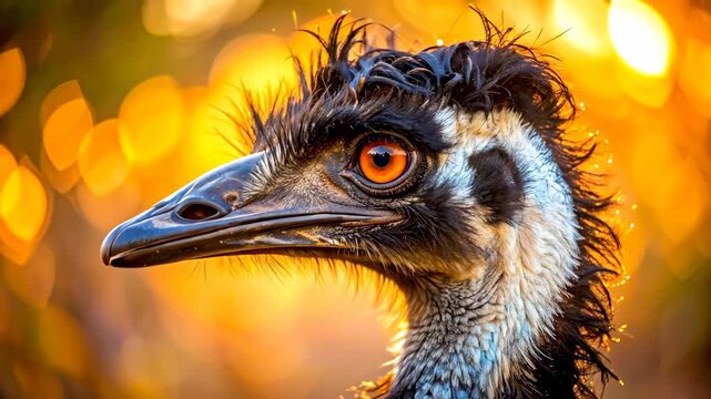 Close up of an Emu birds face with bright orange eyes and blurred background.