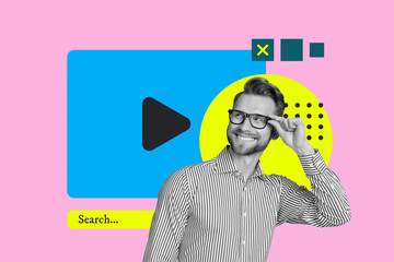 Collage of business blogger man woman deice digital gadget chat window symbolizing ideas online media social platforms