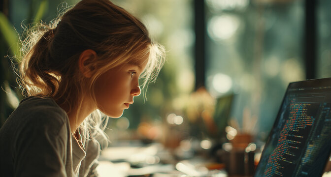 Young girl with a thoughtful expression studies code on her laptop screen. Soft sunlight filters through the window, blurred background with plants and bokeh. Perfect for kids’ programming, STEM learn - Powered by Adobe
