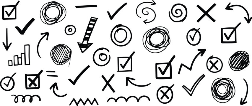 Hand Drawn Check Marks Set Vector Collection of Doodles Circles Arrows and Crosses for Marking and Highlighting in Business Designs