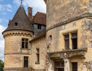 Close-up of an aged castle's exterior, showcasing turrets, weathered stonework, open windows, and intricate architectural details beneath a blue sky