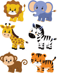Obraz premium Cute cartoon animal set in flat vector illustration. Include animals like lion, elephant, giraffe, zebra, monkey, and tiger. Each character in unique fun color, similar to baby dinosaur vector style, 
