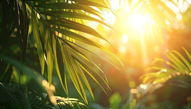 Lush green foliage is illuminated by bright sunlight, creating a warm, glowing atmosphere with a soft-focus effect. The light filters through leaves - Powered by Adobe