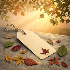 Empty autumn sale tag surrounded by fallen leaves in golden hour sunlight illustration