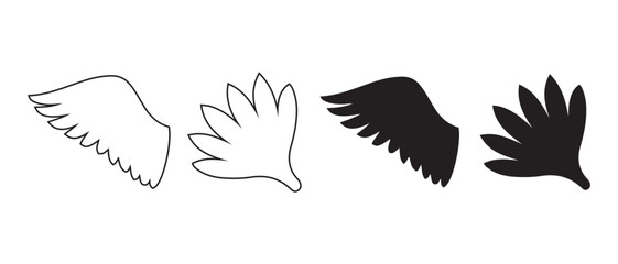 Wing Silhouette Icons. Minimalist Black and Outline Feather Designs for Fantasy, Flight, and Decorative Themes.
