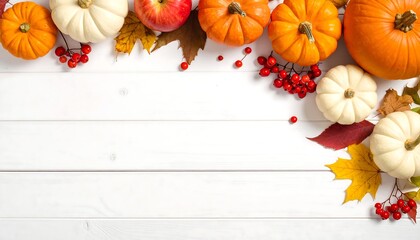 Autumn Harvest Bounty - Pumpkins, Apples, and Berries on White Wood.