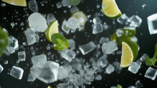 Ice cubes lime mint leaves explode toward camera in dark