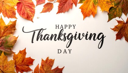 Happy Thanksgiving Day with Autumn Leaves Border on White Background.