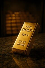 a shimmering golden bar resting on a bed of polished granite. Behind the bar, a softly blurred vault filled with similar gold bars extends into the darkness