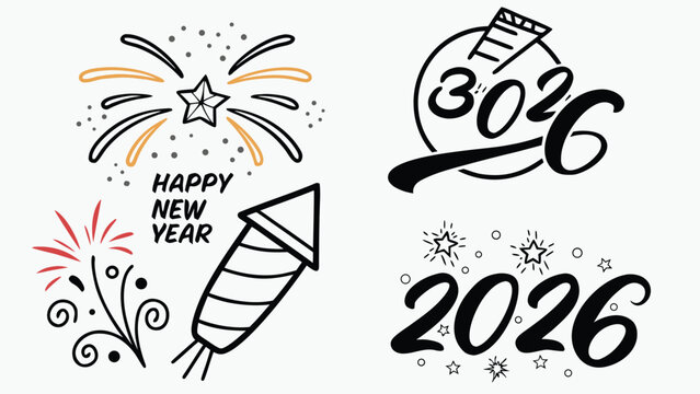 Collection of new year 2026 themed doodle illustrations featuring fireworks, rockets, and celebratory typography