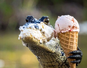 Close-up of an alligator enjoying ice cream. The reptile holds a cone with a scoop of pink and white ice cream, appearing to eat it