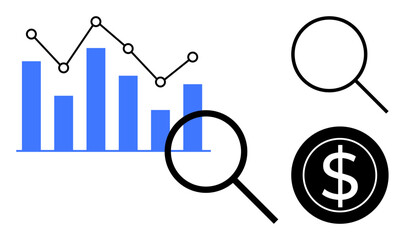 Bar chart with line graph highlights trends, magnifying glasses focus on details, and dollar sign emphasizes finances. Ideal for analytics, finance, business, growth, statistics, research strategy