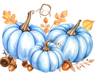 Watercolor Blue Pumpkins and Autumnal Accents for Fall Decor.