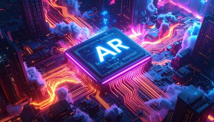 Futuristic Augmented Reality AR Chip Technology Glowing Neon Circuit Board.