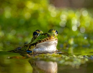 Close-up of an amphibian's face emerging from green water, with detailed features and vibrant colors. Blurry background