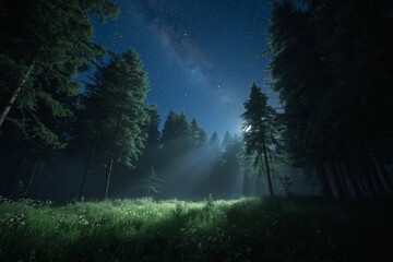 A peaceful forest clearing bathed in soft starlight. Trees and grass glow gently beneath the night sky, creating a cinematic and tranquil atmosphere.
