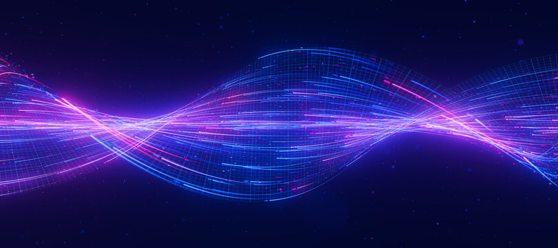 Bigdata light speed twisted flow. Abstract digital data stream of quantum computing. Cyberspace of qubit trail waves. Modern tech information transmission.