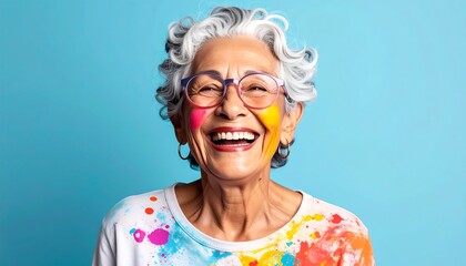 Joyful senior with gray curls and glasses, covered in colorful paint smiles broadly against a blue backdrop