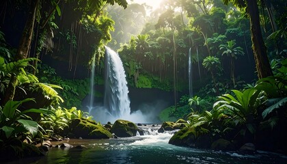 Lush green forest scene. Cascading waterfall with bright sunlight creating a dreamy and serene landscape. Flowing water