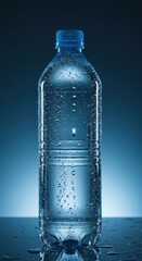 Clear plastic bottle of pure water sweating with condensation, reflecting light on a bright surface, essential for hydration and health ,wellness ,healthy ,thirst