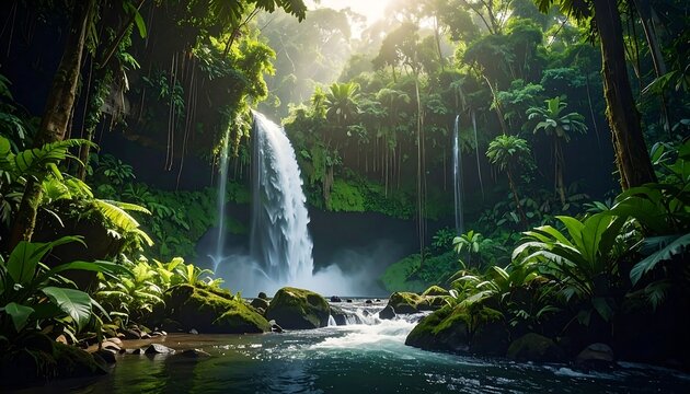 Lush green forest scene. Cascading waterfall with bright sunlight creating a dreamy and serene landscape. Flowing water