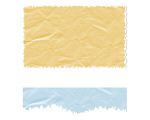 Wrinkled yellow paper with jagged edges and a blue crumpled paper strip isolated on transparent background
