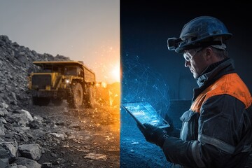Mining truck operating at sunset while worker uses tablet for data analysis
