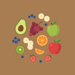 A flat lay illustration features a variety of colorful fruits arranged in a circular pattern on a brown background.