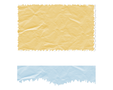 Wrinkled yellow paper with jagged edges and a blue crumpled paper strip isolated on transparent background