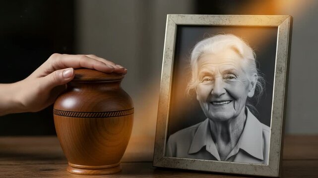 Hand holding wooden urn next to framed photo of elderly woman  