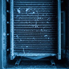 Macro view of thick frost coating the metal cooling fins and evaporator coils inside a powerful industrial blast freezer unit ,maintenance, frozen, white