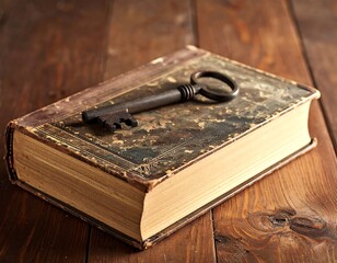Close-up of an antique key resting on a weathered, aged book placed on a rustic wooden table. The composition evokes themes of knowledge