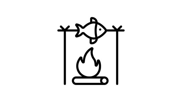 A simple animated icon of a fish being grilled over an open campfire.