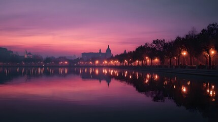 Obraz premium Cityscape at twilight with illuminated streetlights reflecting on the calm water surface