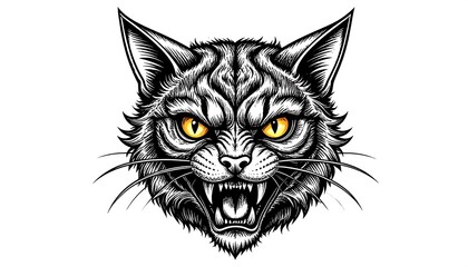 Intricate grayscale illustration of an enraged feline face with glowing yellow eyes, bared teeth, and detailed fur