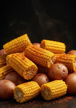 A bountiful, steaming seafood boil feast ready for a celebratory summer gathering, featuring corn, potatoes, and spicy seasoning, dining, event, spread