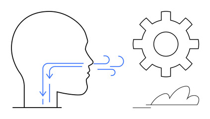 Profile of human with airflow arrows illustrating breathing linked to gear symbolizing mechanics and functions. Ideal for health, biology, anatomy, engineering, technology, innovation, simple flat