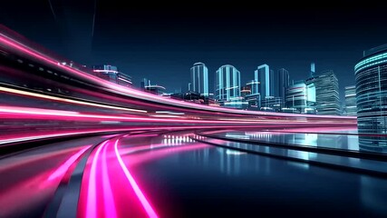 Vibrant pink light trails zoom through a dark, futuristic cityscape with tall buildings - Powered by Adobe