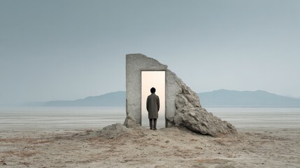 Solitary figure standing before surreal doorway in barren desert symbolizing transition and self-reflection