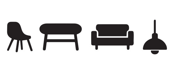 Modern Furniture Icons. Chair, Table, Sofa, and Pendant Light Silhouettes.