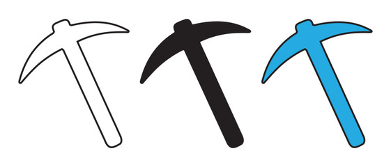 Pickaxe Icon Set. White, Black, and Blue Mining Tool Silhouettes for Construction and Game Design.
