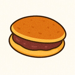 Cartoon illustration of a sizzling steak cooking on a hot barbecue grill with flames and smoke rising, depicting a delicious meal.